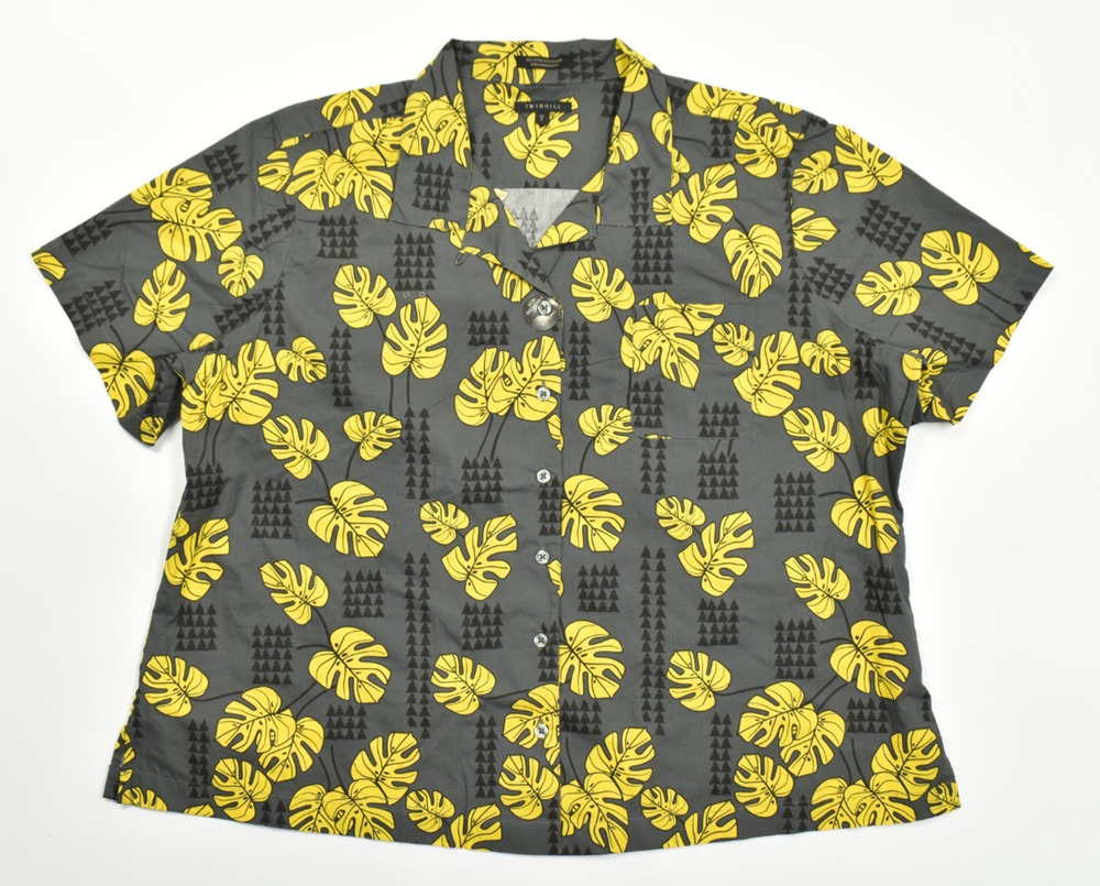 Twinhill Mens 3X Tropical Monstera Leaf Short Sleeve Button Shirt Gray Yellow